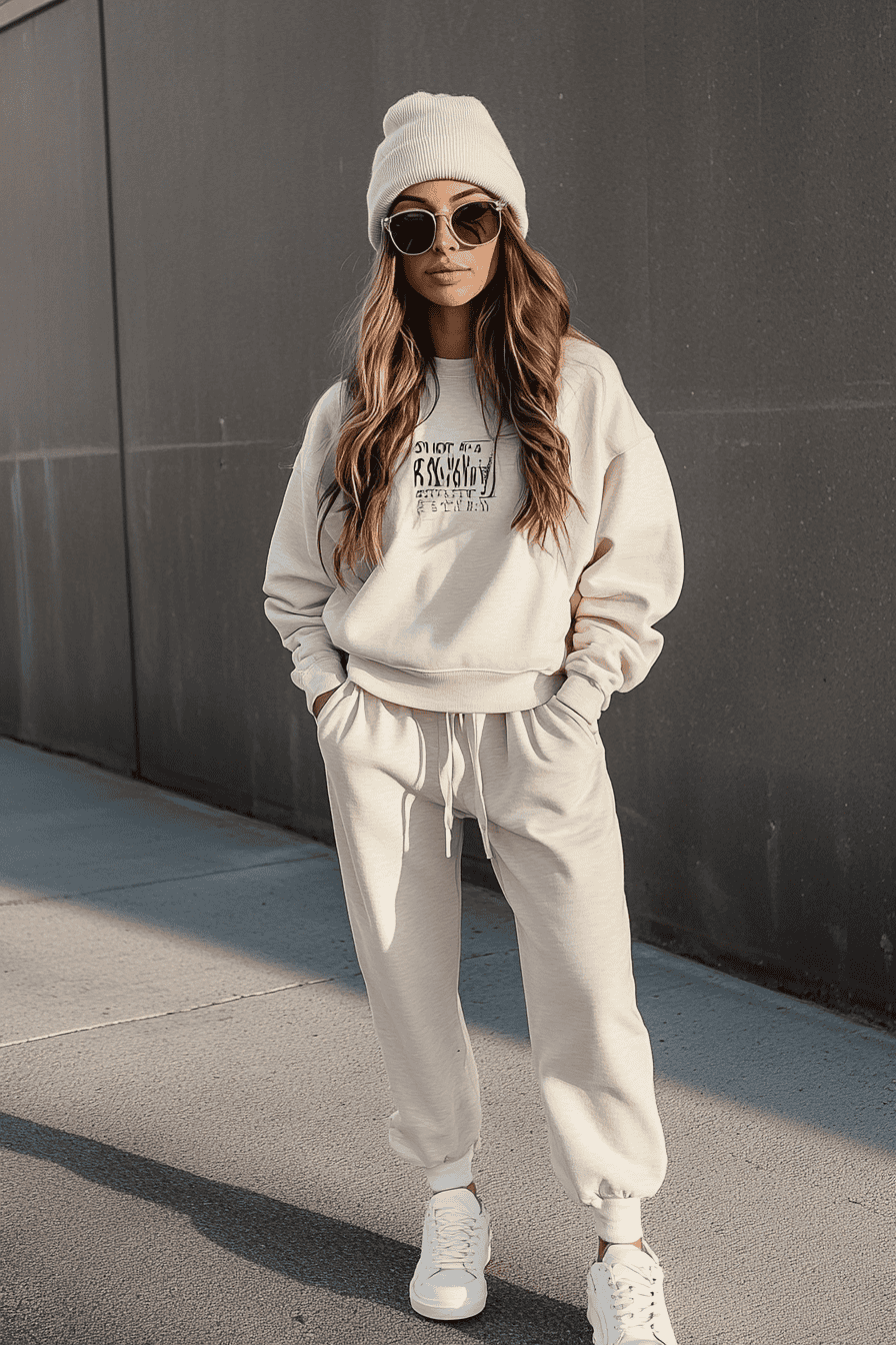 Stylish woman in beige loungewear, joggers, oversized sweatshirt, beanie, sunglasses, and white sneakers.