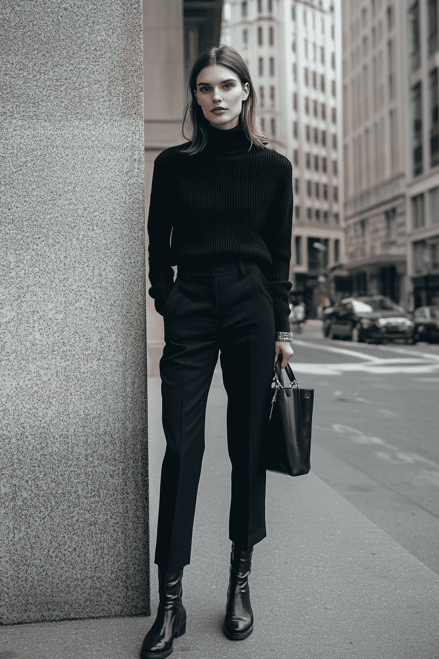 Stylish woman in black turtleneck and trousers posing in urban city street fashion.