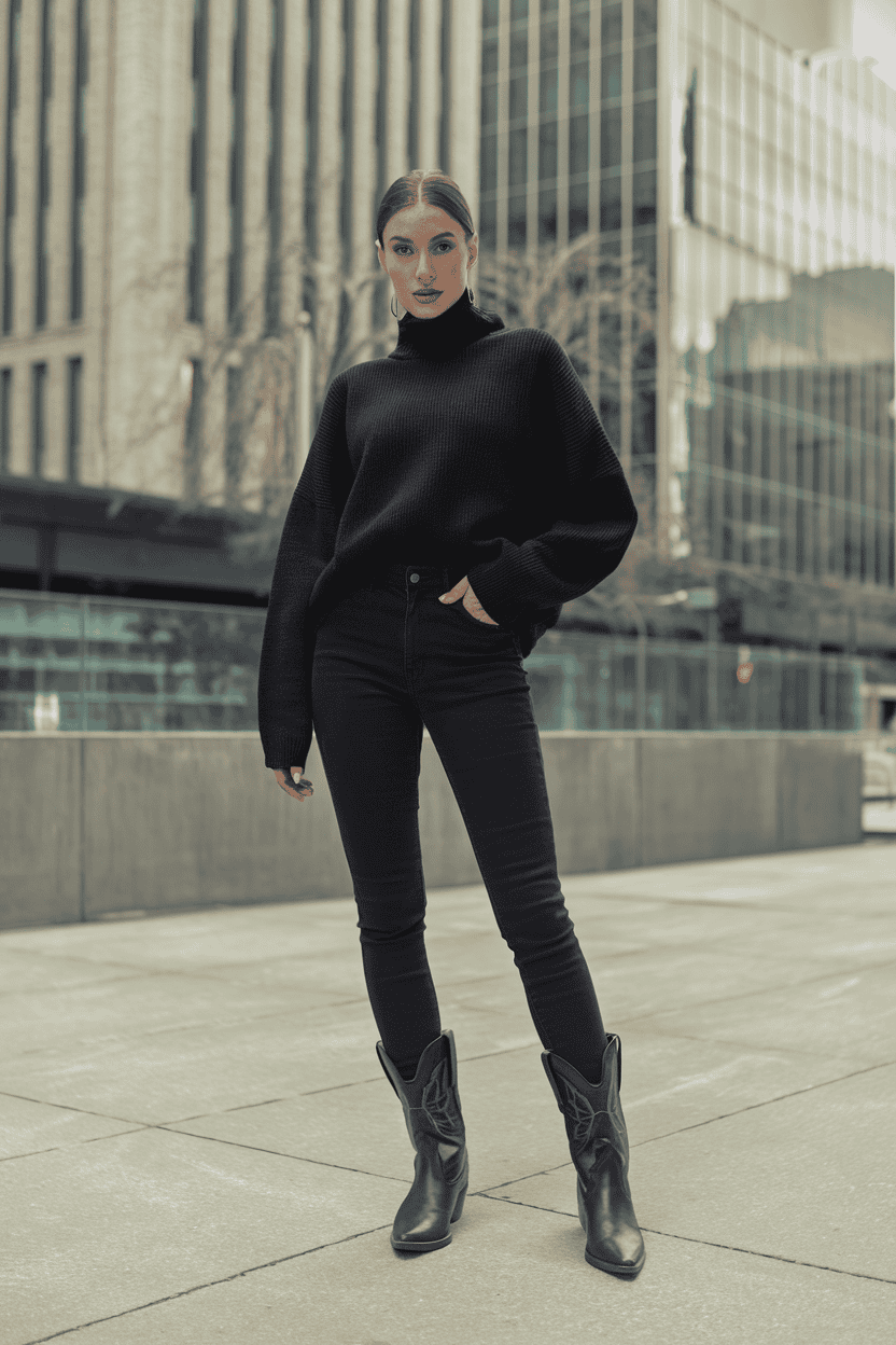 Confident woman in oversized black sweater and fitted jeans poses in urban setting.