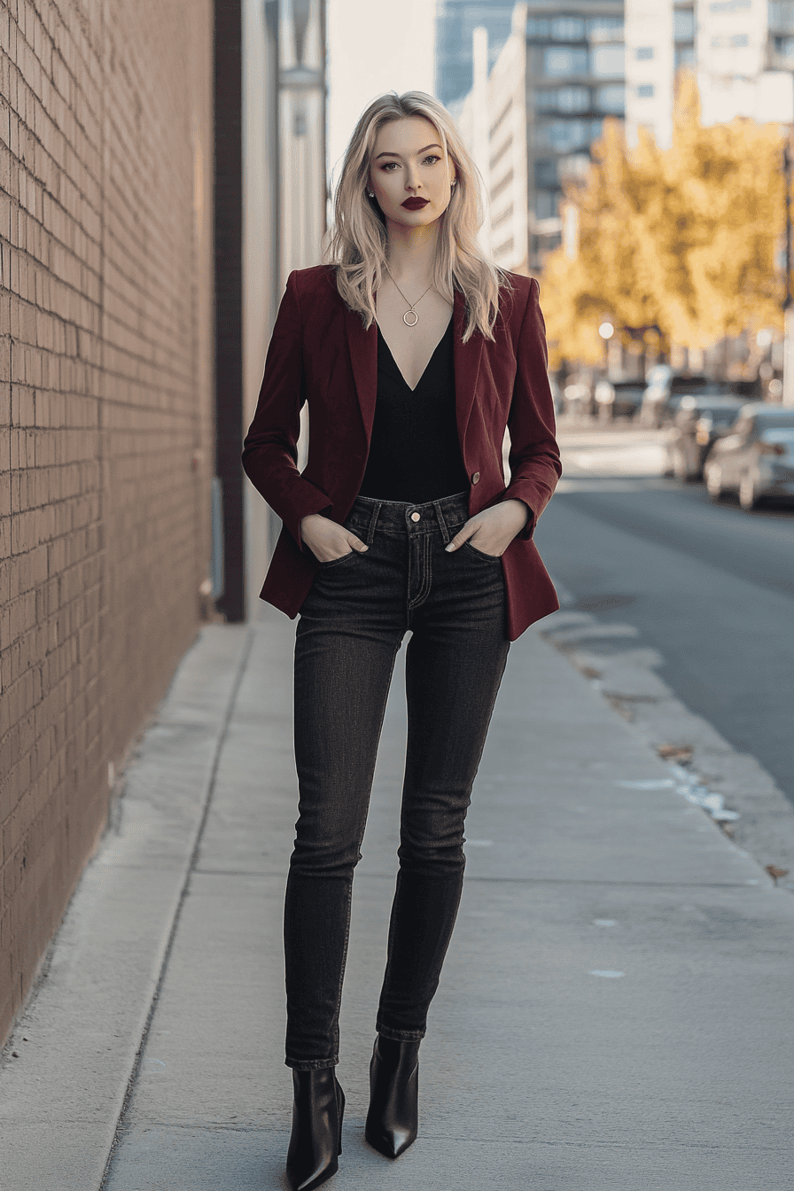 Stylish woman in burgundy blazer, black bodysuit, and jeans with ankle boots on city street.
