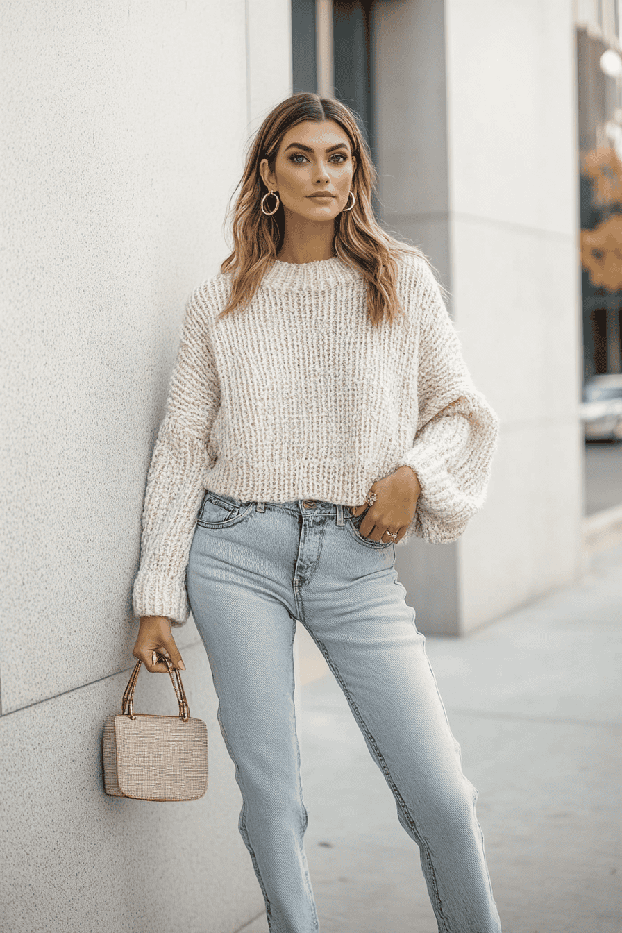 Woman in oversized knit sweater and jeans, accessorized with gold earrings and woven handbag, urban style.