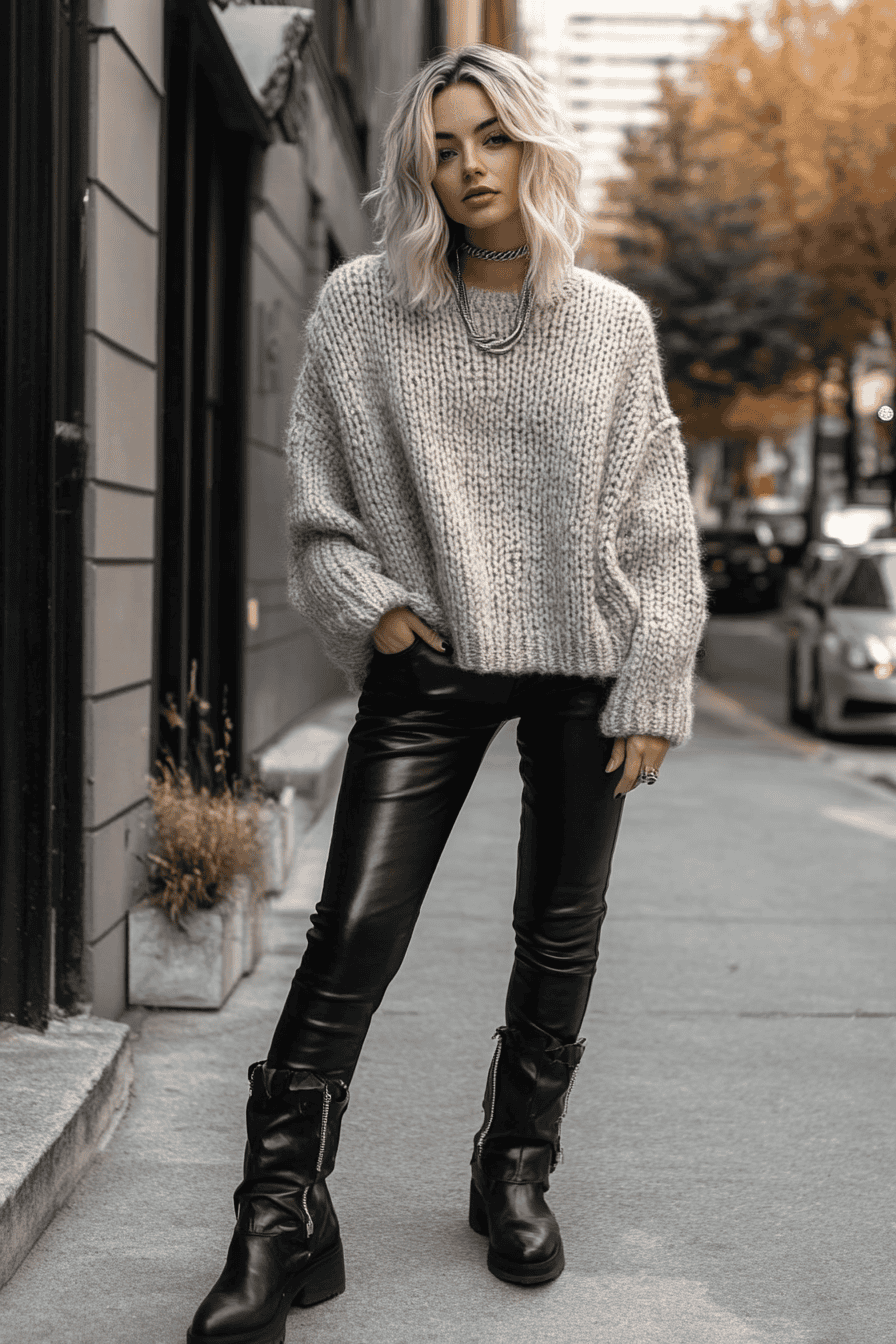 Woman in oversized gray sweater and black leather pants posing stylishly on a city street.