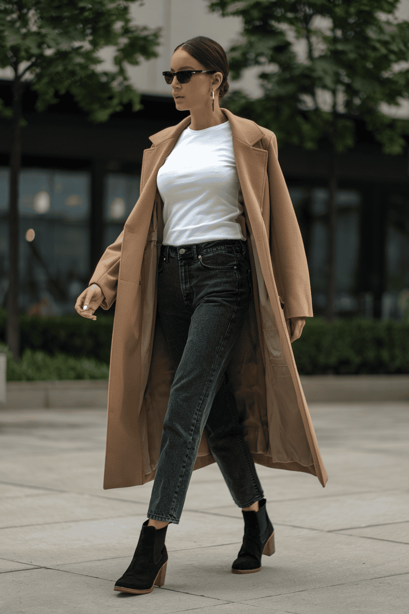 Stylish woman in urban environment wearing camel coat, black jeans, and ankle boots.