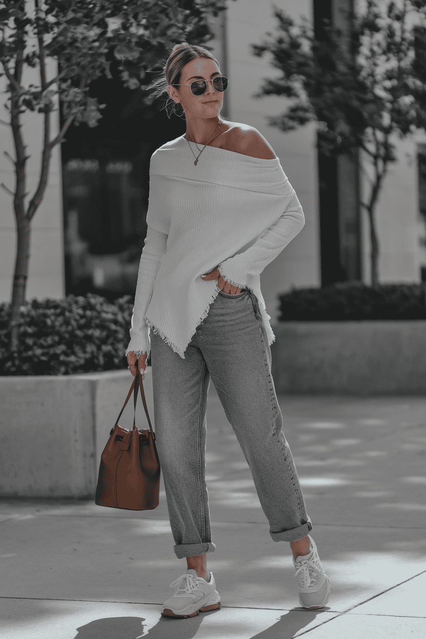 Stylish woman in urban setting wearing off-the-shoulder sweater, jeans, and sneakers.