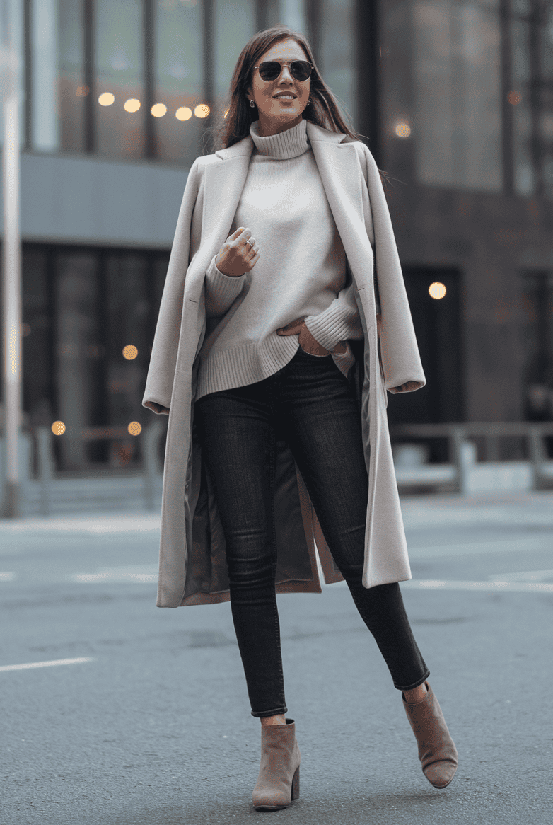 Stylish woman in urban outfit with beige coat and ankle boots walks confidently in the city.