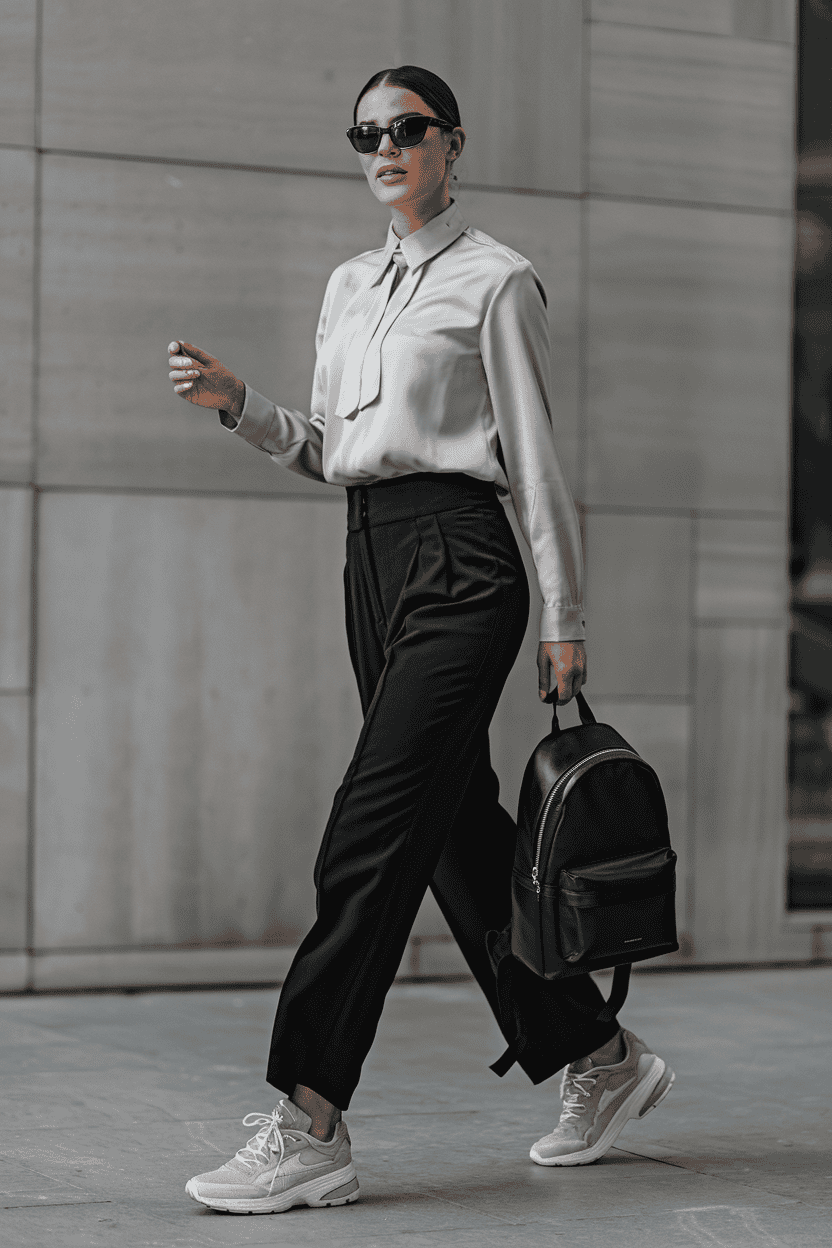 Fashionable urban woman in sleek outfit with backpack, sunglasses, and modern architecture backdrop.