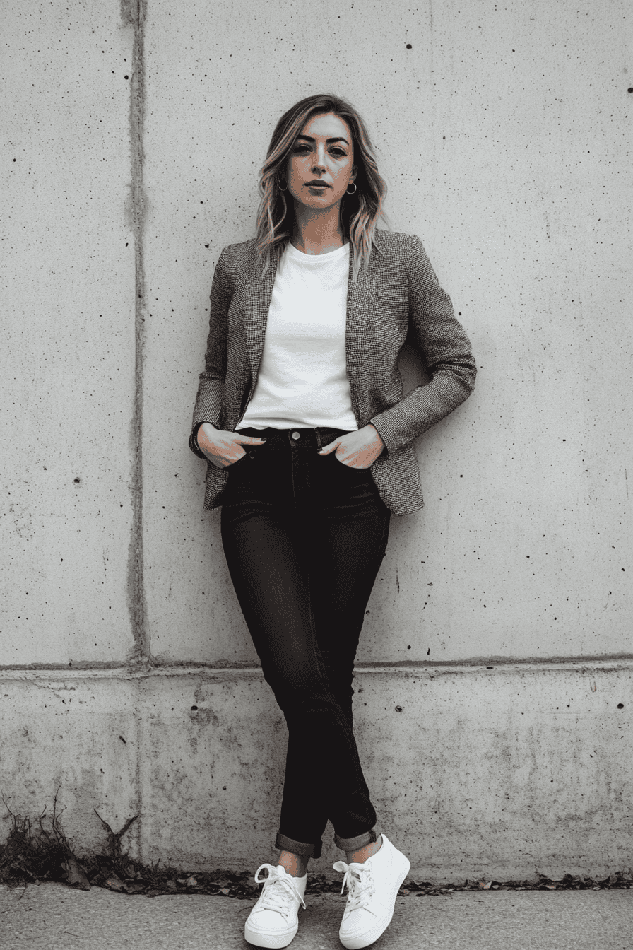 Stylish woman in blazer, white sneakers, and black jeans poses against concrete urban background.