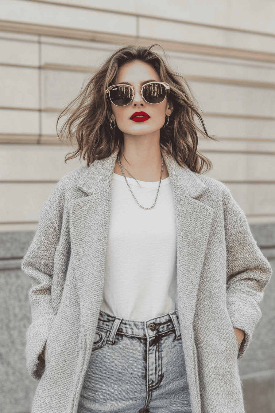 Stylish woman in gray coat, white shirt, denim shorts, red lips, and sunglasses, urban fashion.