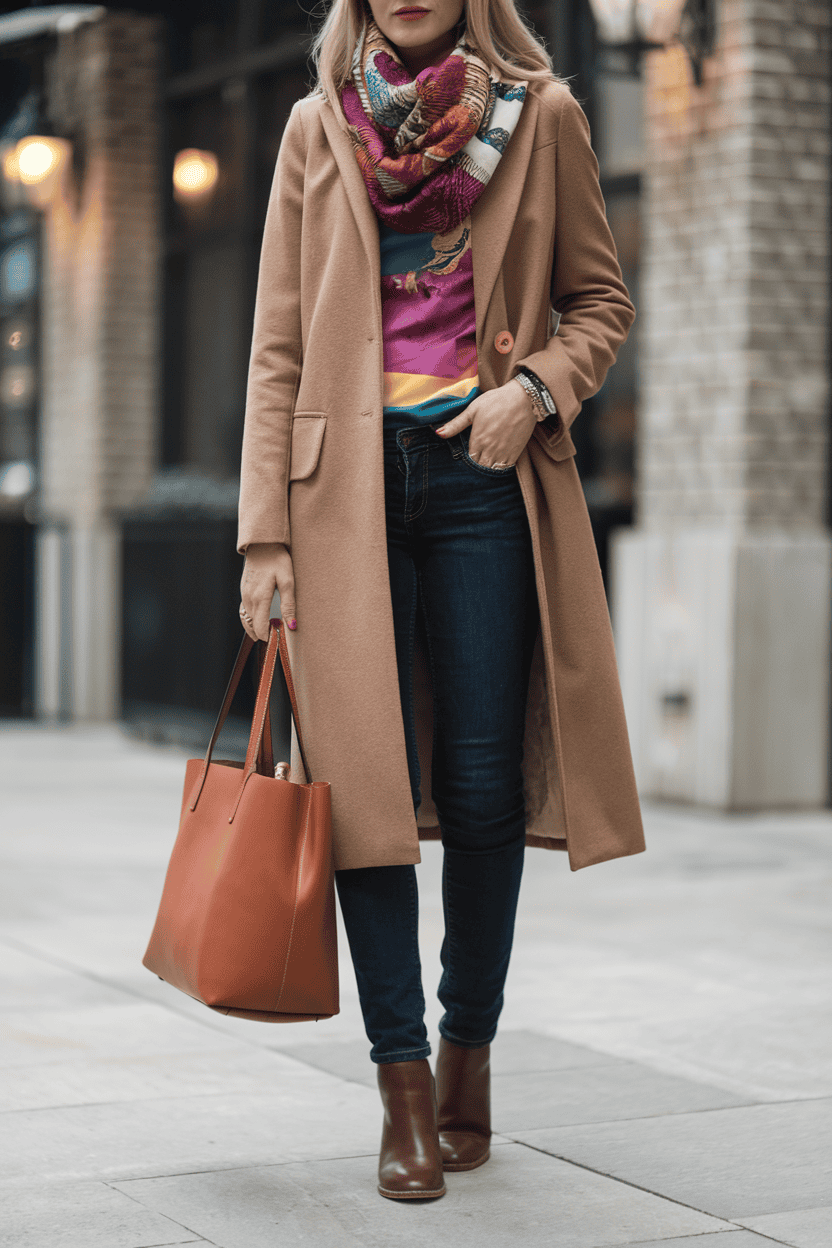 Fashionable woman in a camel coat and vibrant top, showcasing urban elegance and style.