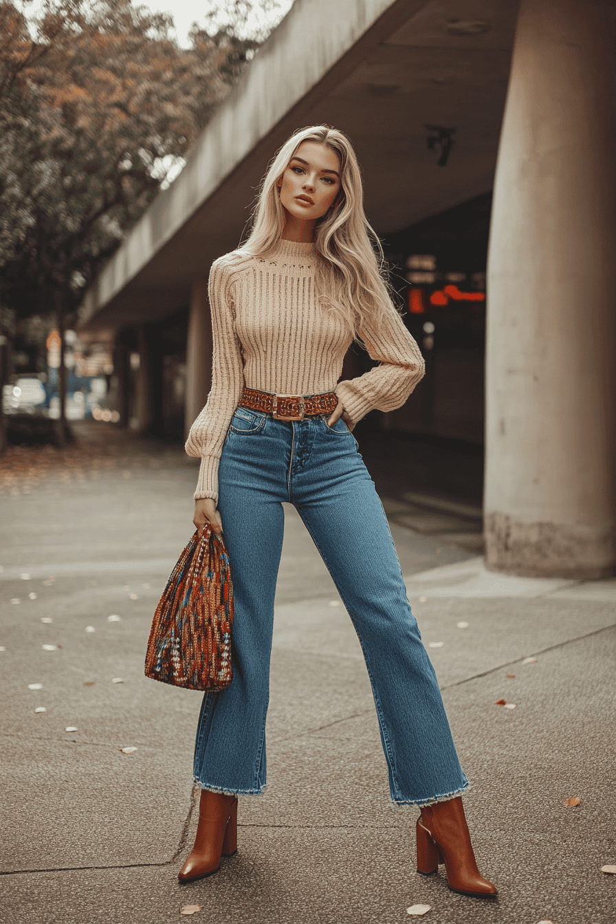 Stylish woman in autumn outfit with beige sweater, flared jeans, boots, and colorful bag in city.