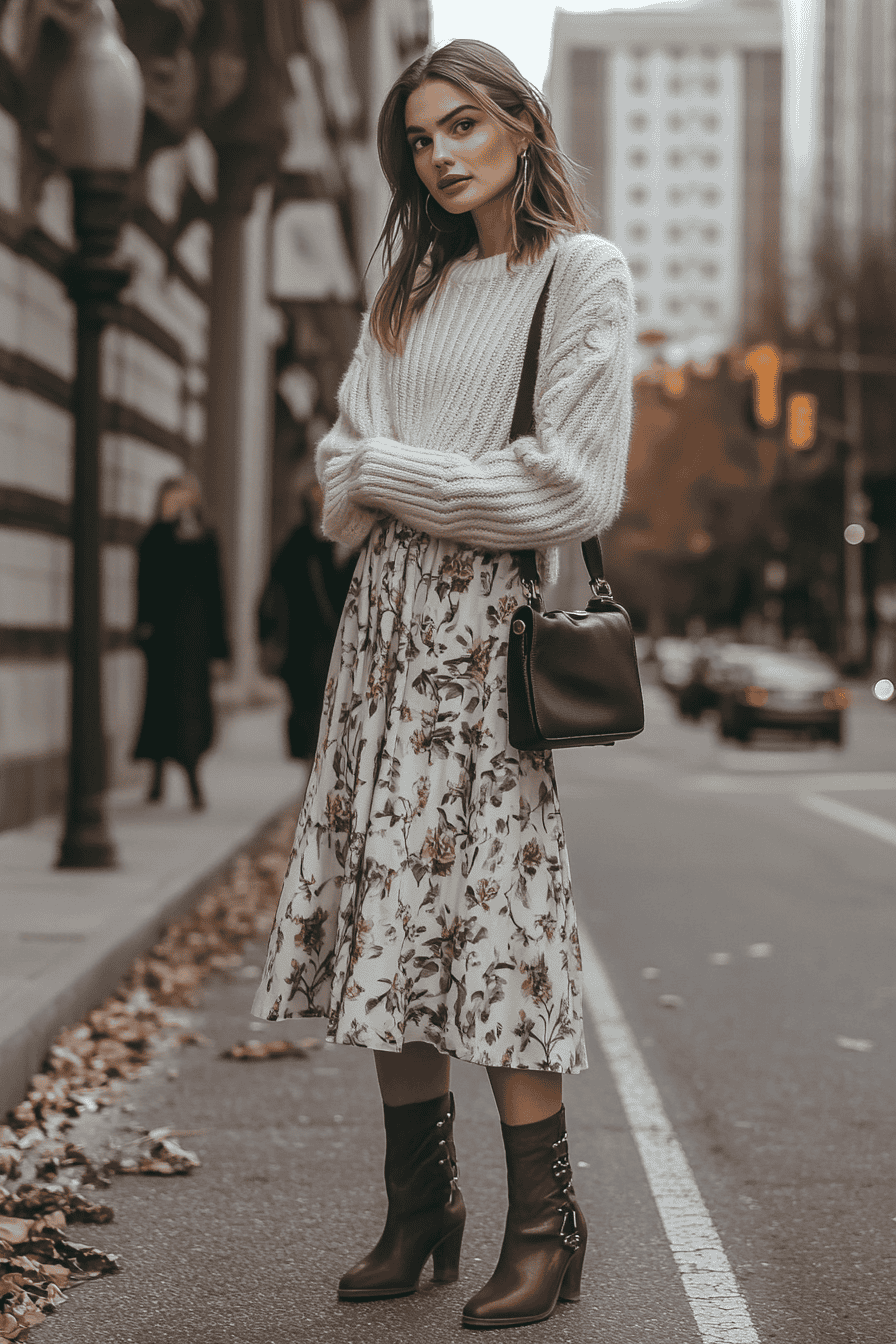 Chic woman in cream sweater and floral skirt, autumn street style fashion in city setting.