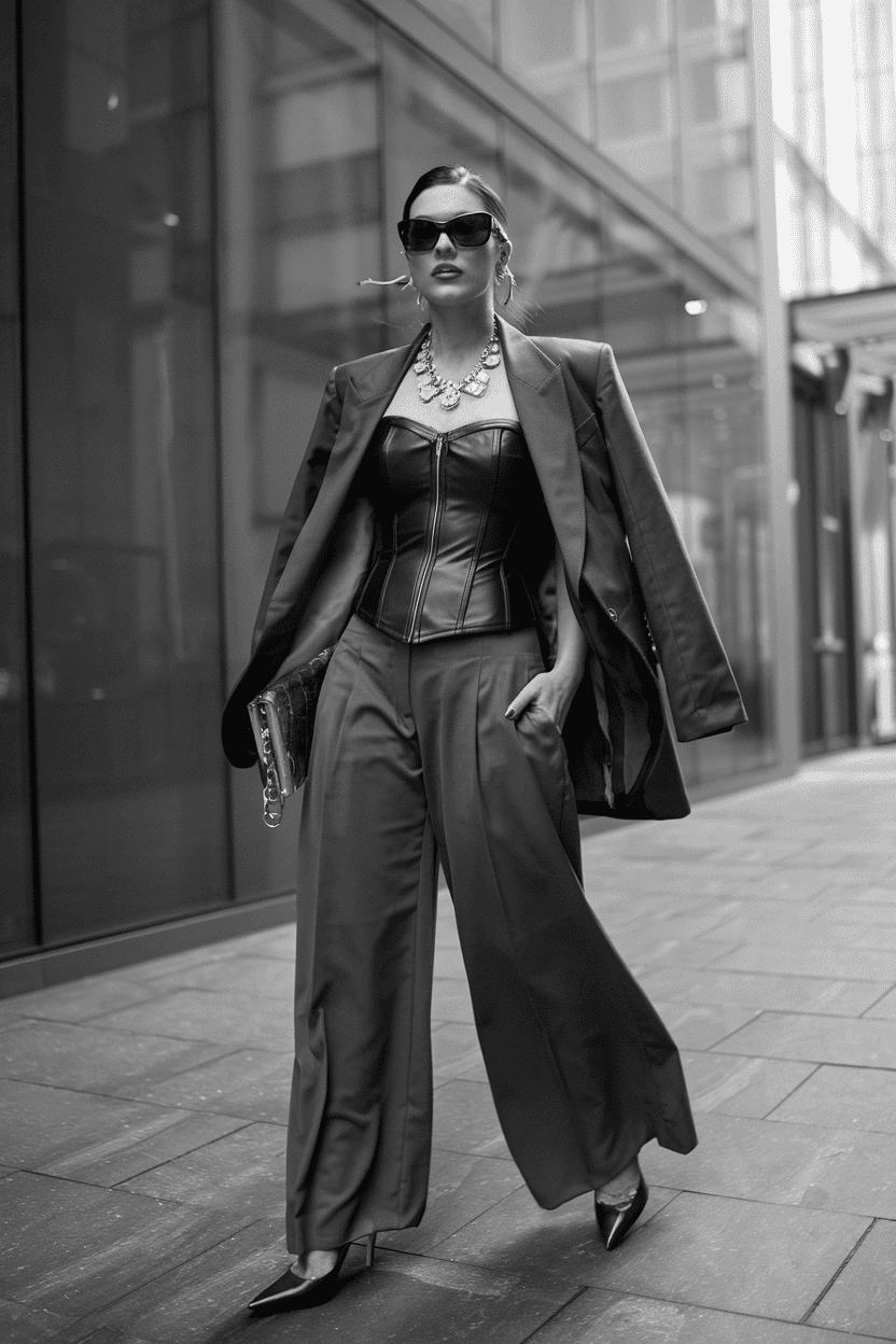 Bold urban fashion model in leather corset and oversized blazer exudes confidence in monochrome.