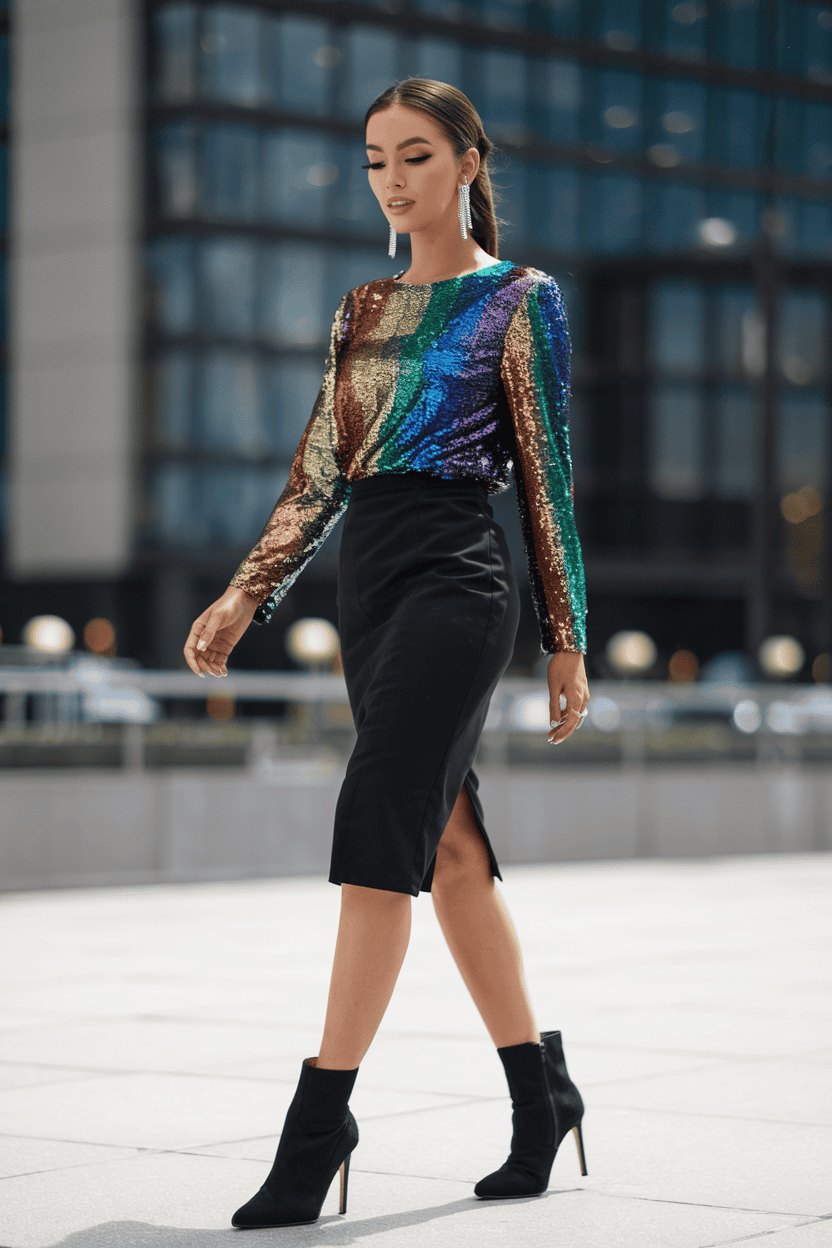 Confident woman in vibrant urban fashion walks gracefully among modern architecture.