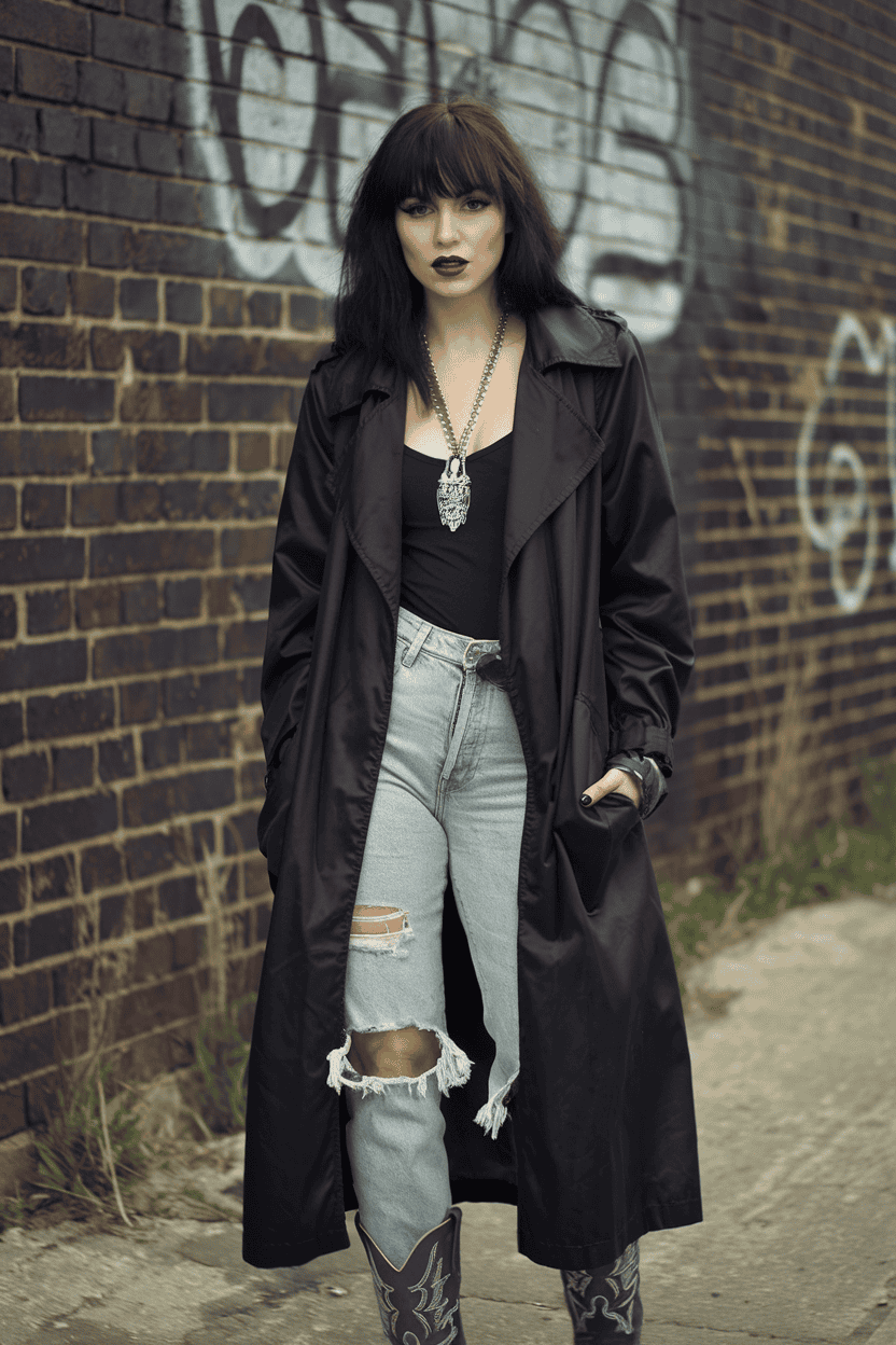 Bold woman in trench coat and distressed jeans poses against vibrant graffiti wall.