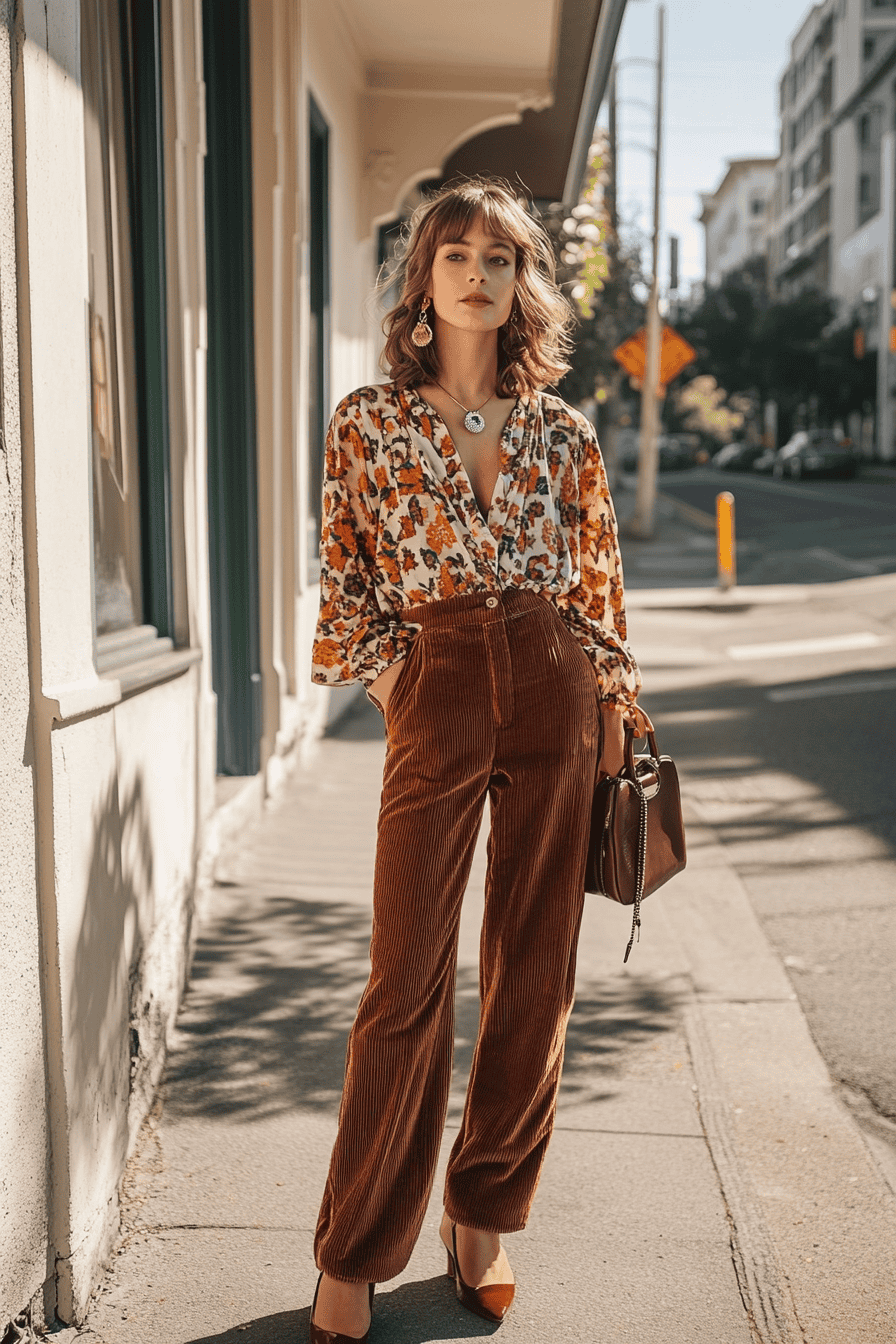 Woman in floral blouse and brown corduroy pants posing stylishly on a sunlit city street.