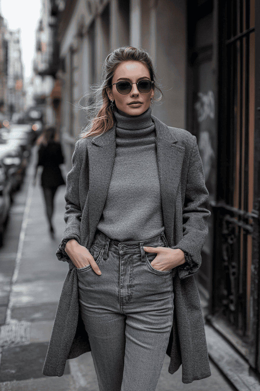 Stylish woman in gray coat and jeans walking confidently on a city street in autumn.