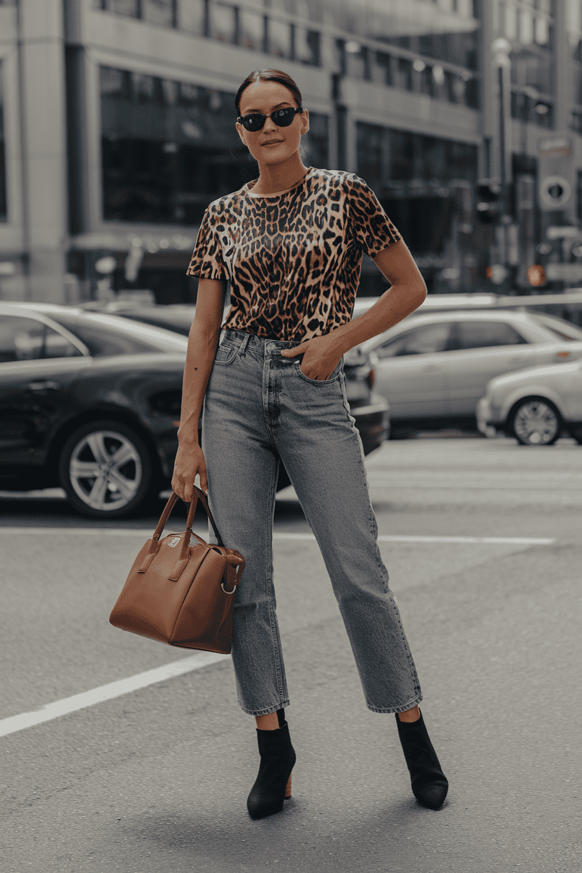 Trendy individual in leopard print t-shirt and jeans stands confidently on a vibrant city street.