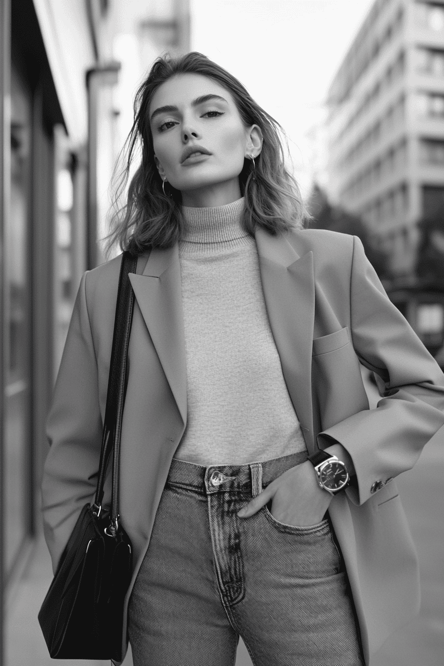 Stylish young woman in blazer and jeans posing confidently in urban cityscape, black and white fashion.