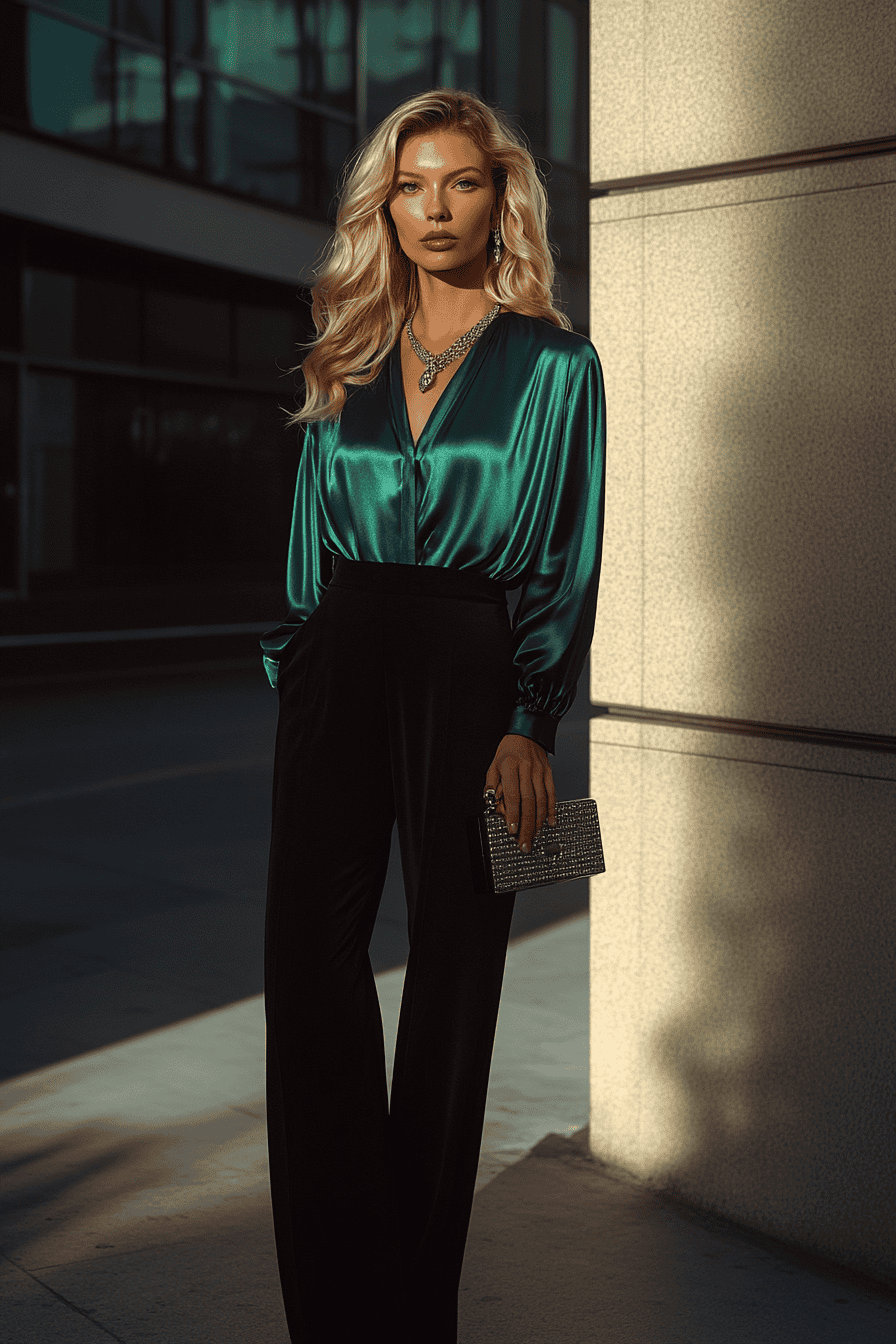Fashion model in emerald satin blouse poses stylishly against modern architectural urban background.