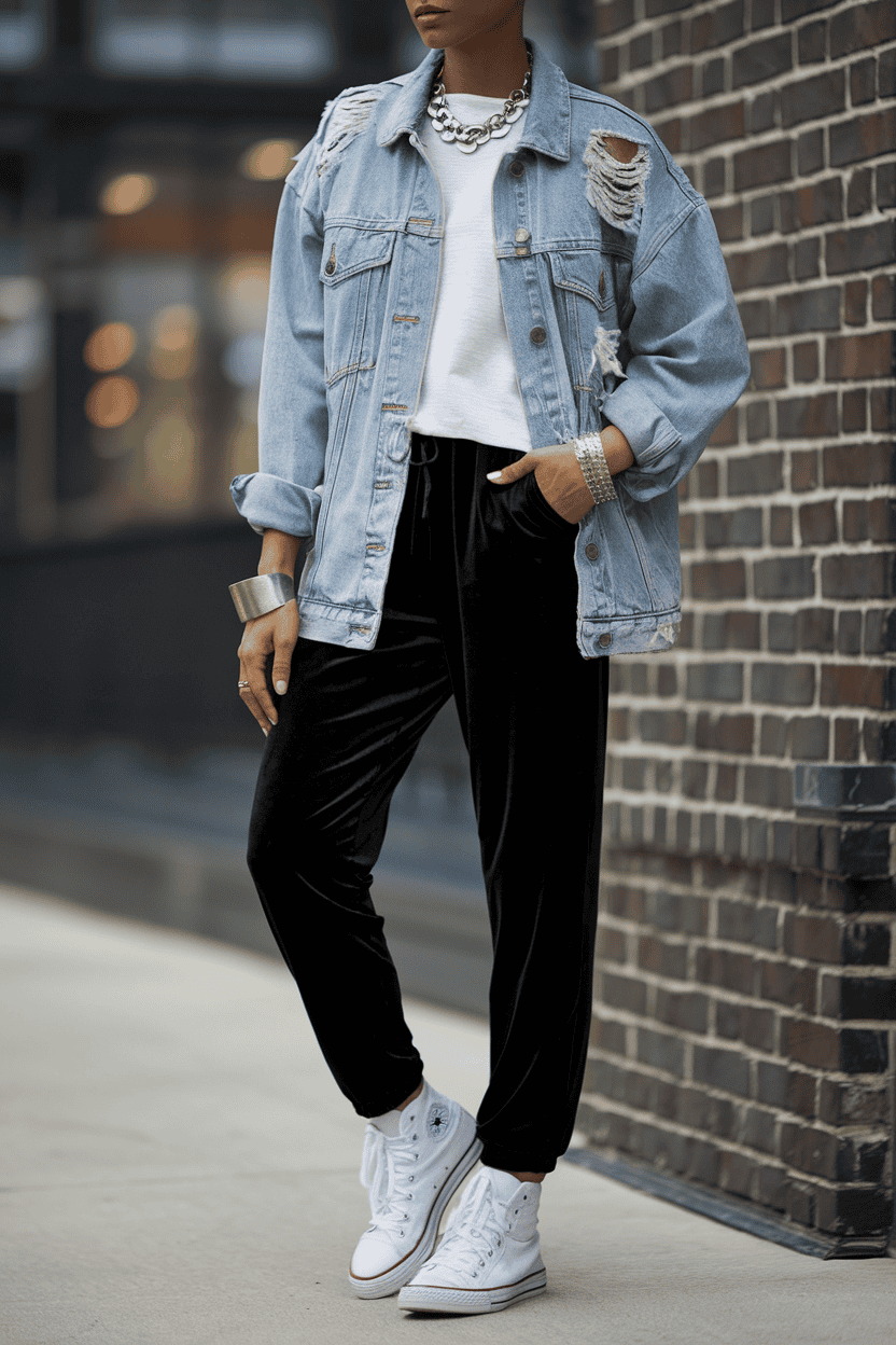 Trendy urban outfit featuring distressed denim jacket, black velvet joggers, and classic white Converse.