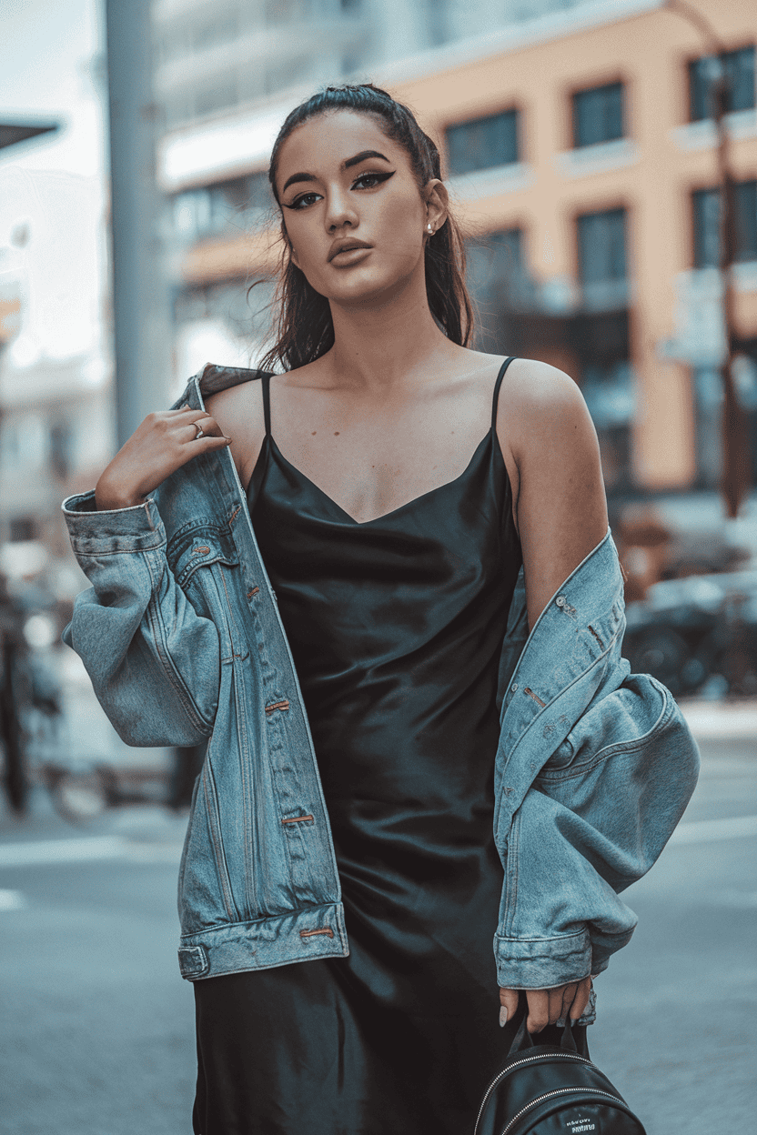 Stylish woman in black satin dress and denim jacket posed on city street.