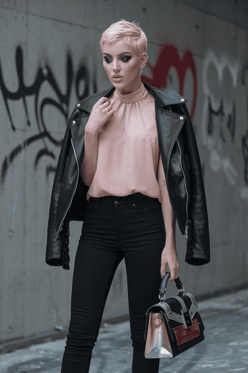 Fashion-forward woman in pastel outfit and pink hair poses against vibrant urban graffiti backdrop.