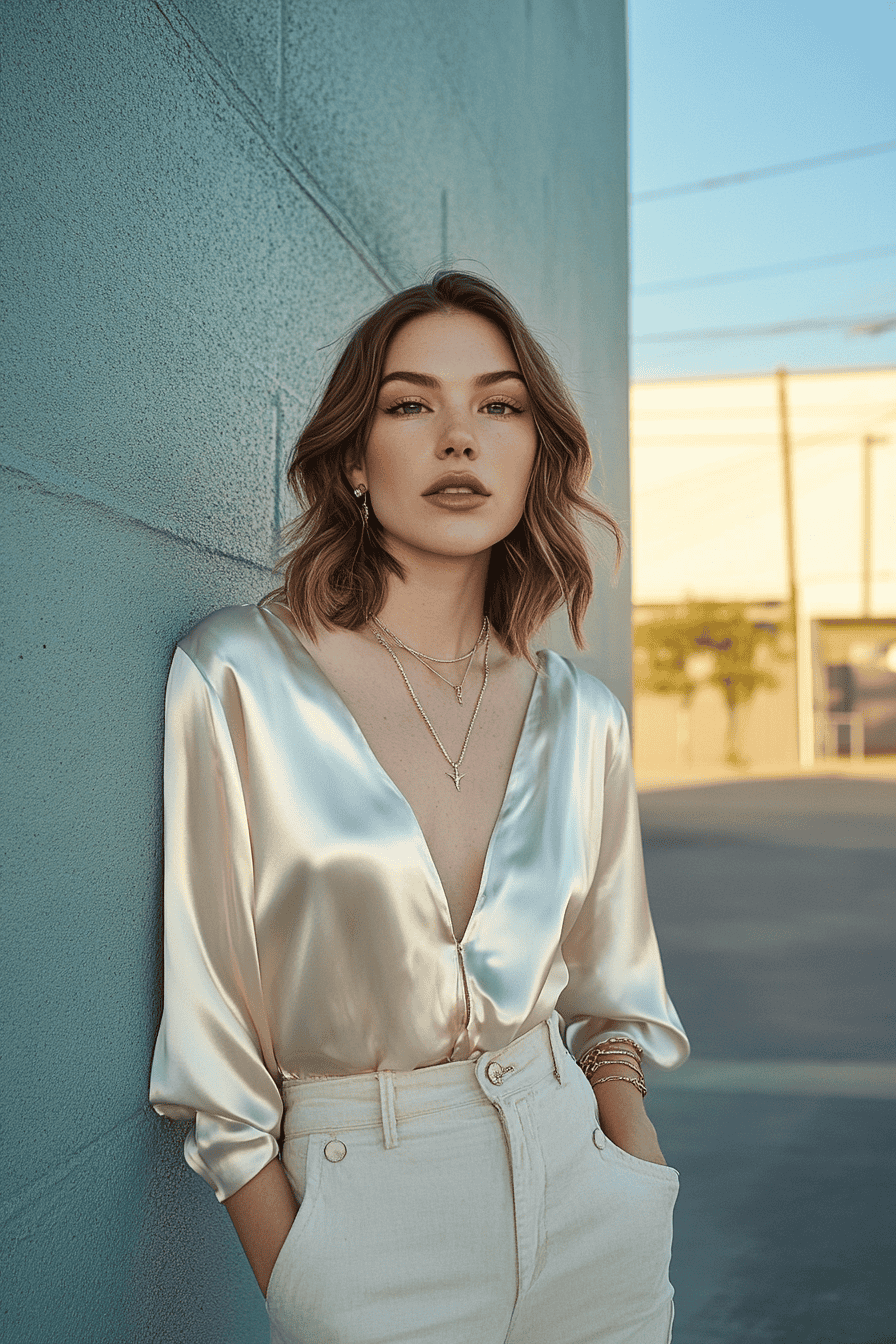 Stylish young woman in satin blouse and tailored pants posing against urban textured wall at sunset.