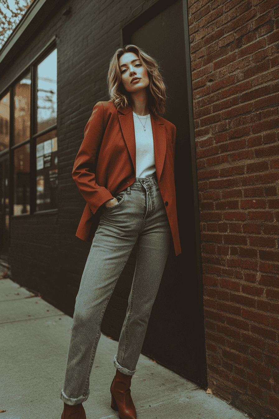Woman in rust blazer and light jeans, stylish urban fashion, fall street style outfit.