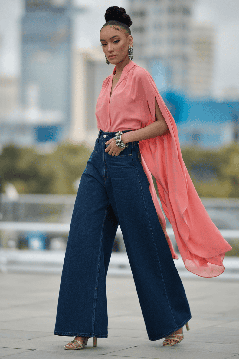 Stylish woman in coral blouse and wide-leg jeans showcases modern urban fashion against a cityscape.