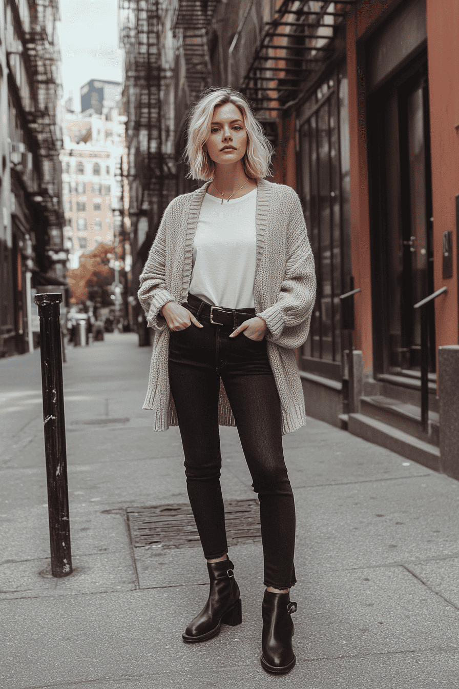 Chic urban street style: woman in jeans, cardigan, boots, posing confidently in city alley.