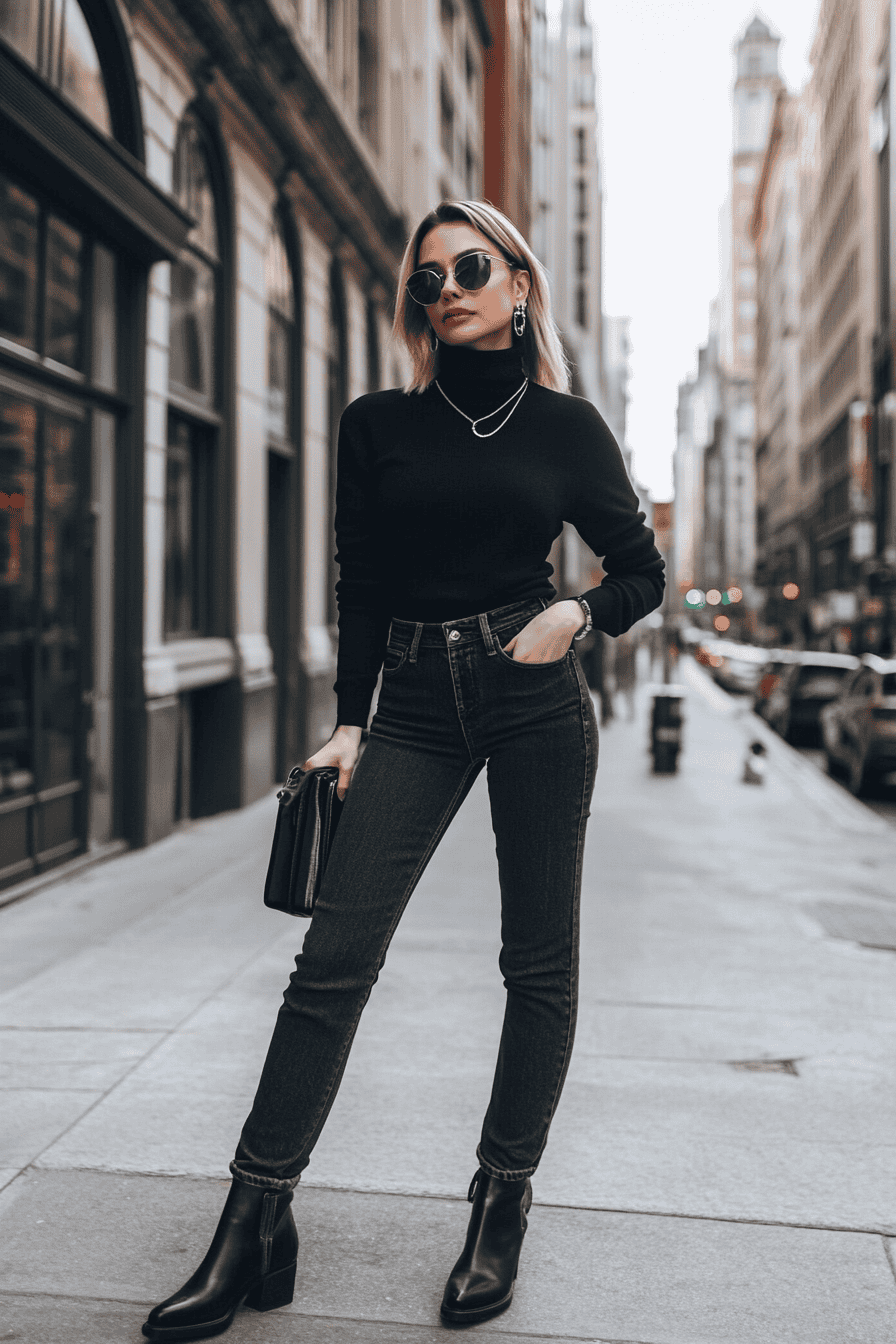 Chic woman in black turtleneck and jeans posing stylishly on a city street, urban fashion style.
