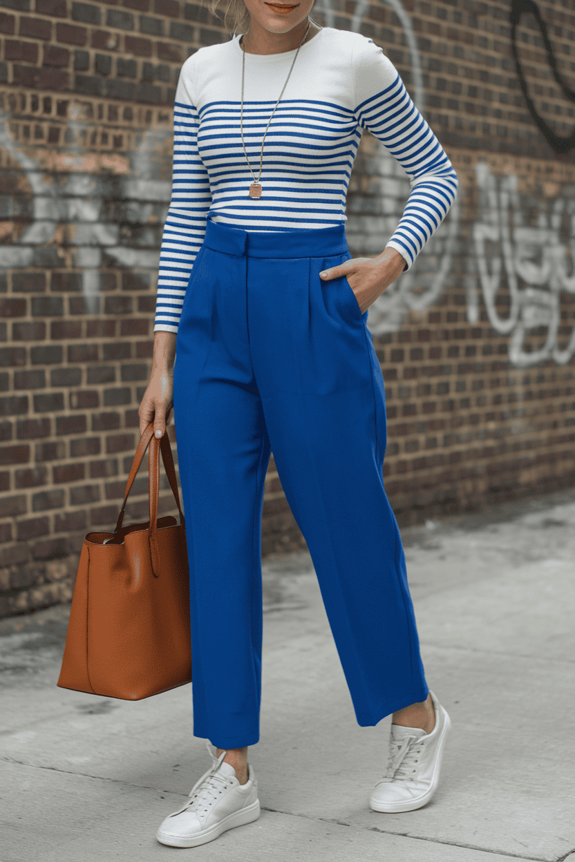 Stylish woman in striped top and blue pants poses against urban graffiti backdrop.