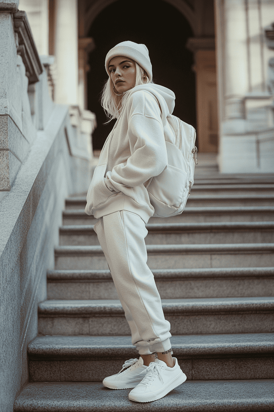 Young woman in stylish grey sweatsuit and white beanie on urban staircase, casual street fashion.