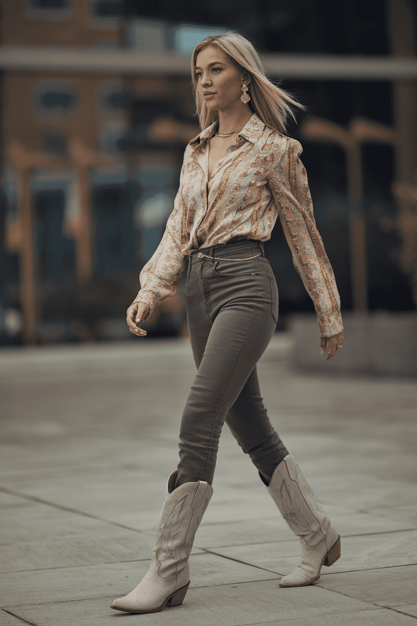 Confident woman in trendy urban fashion, featuring a patterned blouse and stylish western boots.