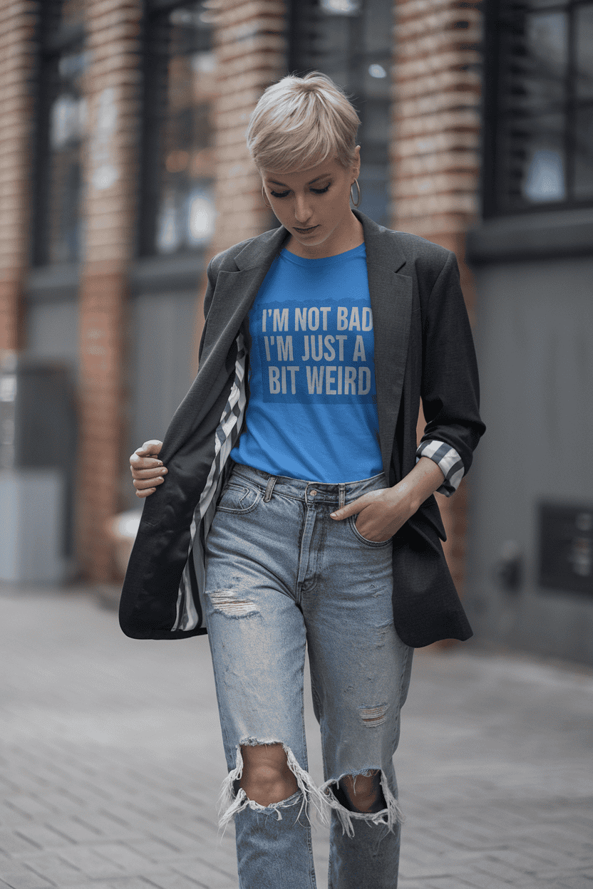 Confident young woman in urban fashion, featuring a graphic tee and stylish blazer near brick wall.