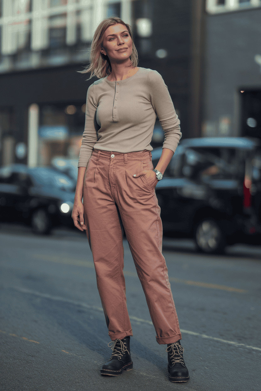 Confident young woman in urban fashion, blending casual style with chic accessories on city street.