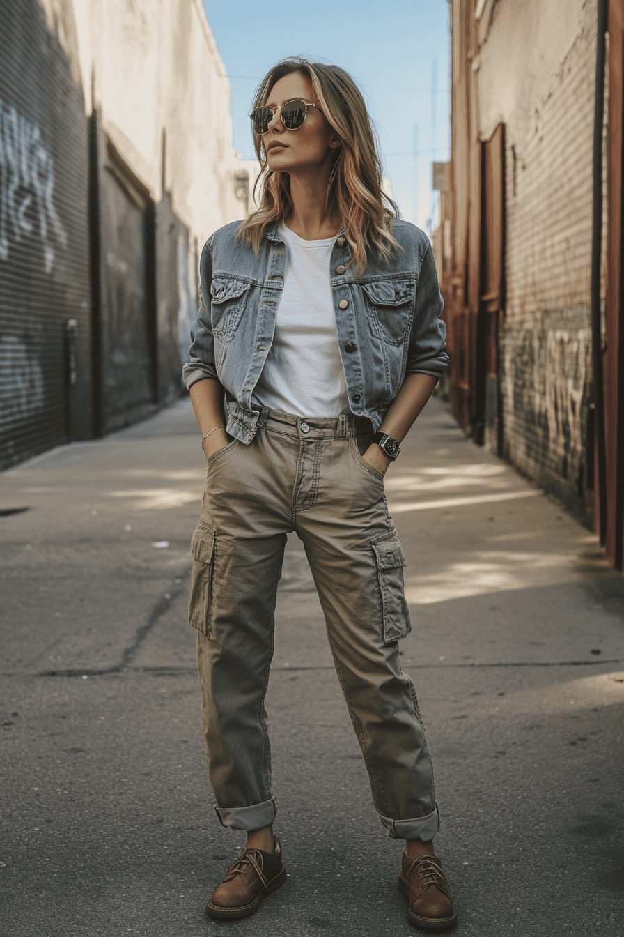 Stylish woman in denim jacket and cargo pants posing confidently in graffiti-covered urban alleyway.