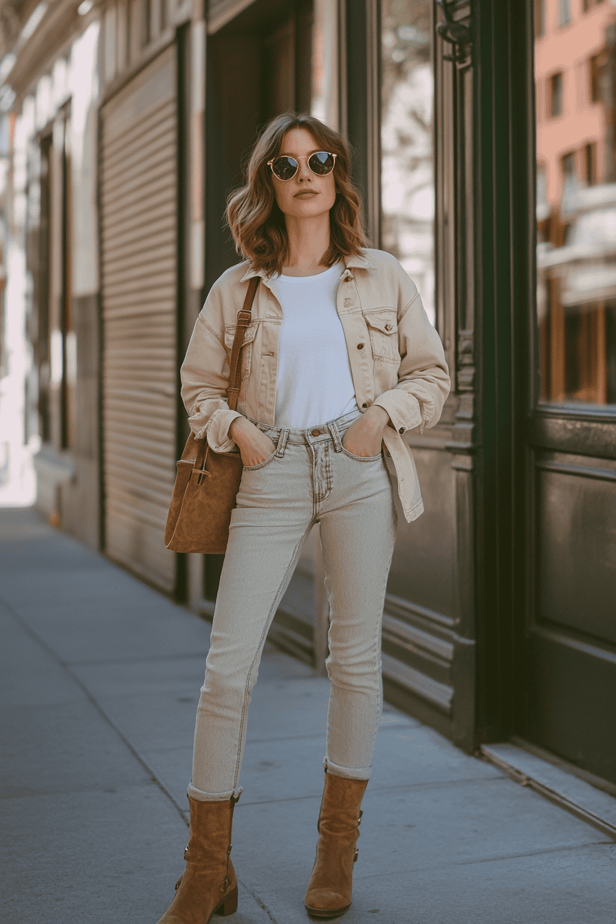 Stylish young woman in denim jacket and sunglasses walking in urban city fashion scene.