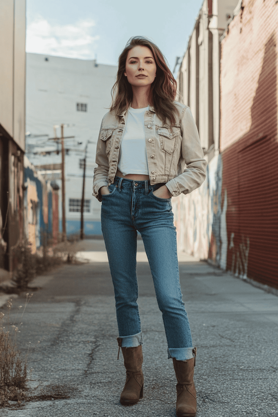Stylish woman in urban alley wearing denim jeans, beige jacket, white crop top, and brown boots.