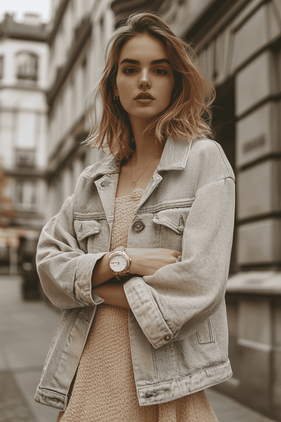 Stylish young woman in denim jacket and beige dress posing on a city street in autumn.
