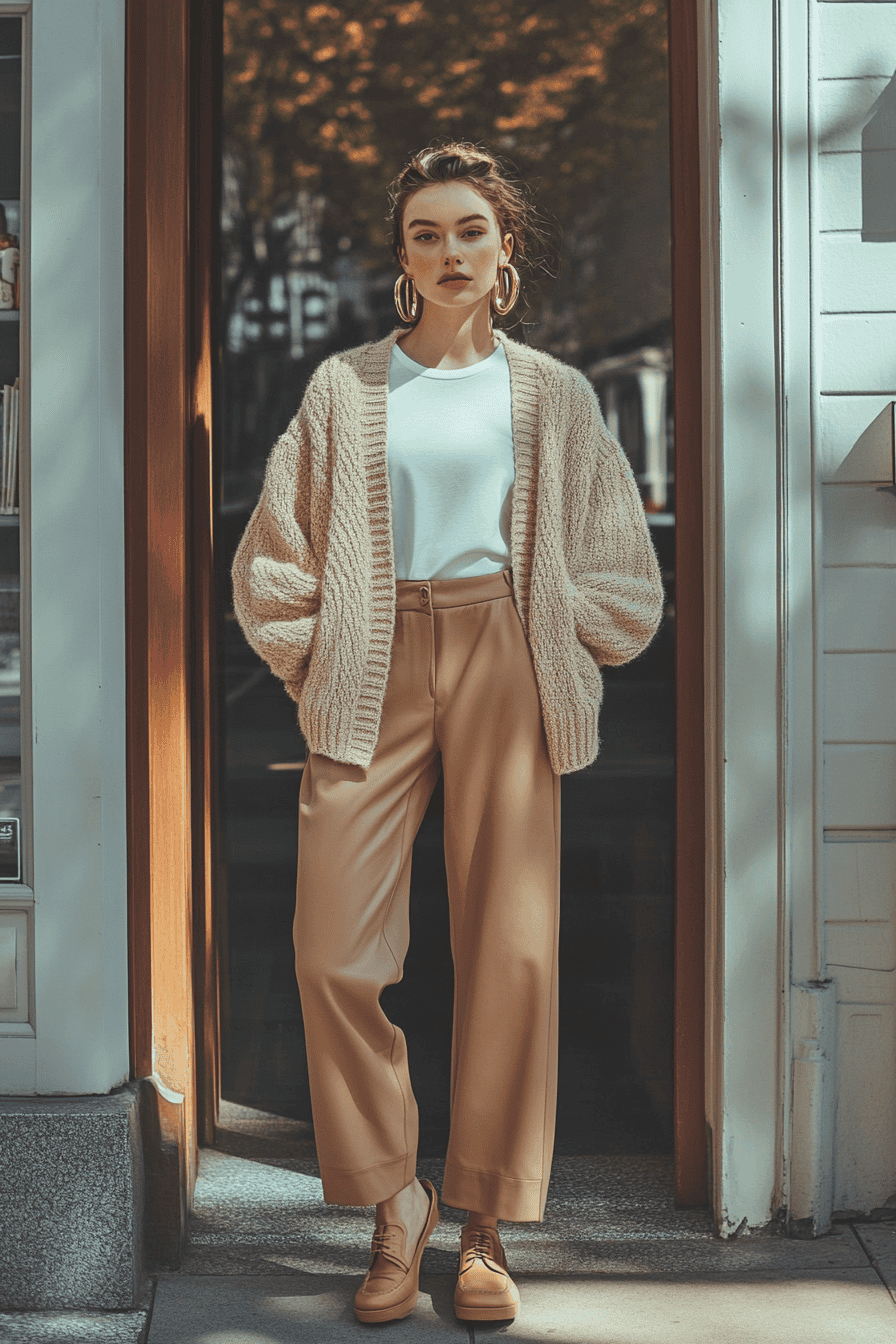Stylish young woman in autumn outfit with cardigan and trousers standing in urban doorway.