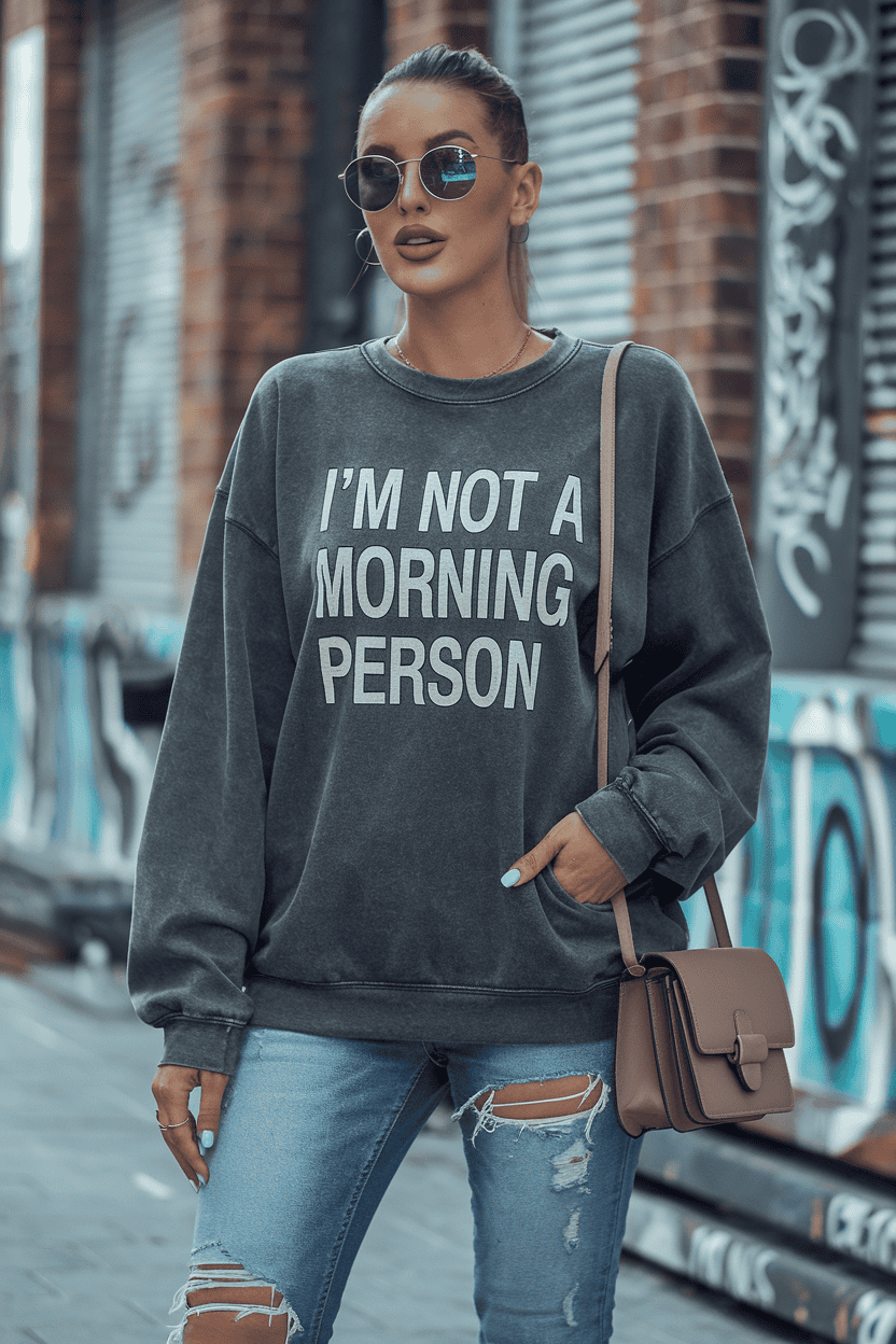 Young woman in hoodie and jeans poses confidently against urban graffiti backdrop.