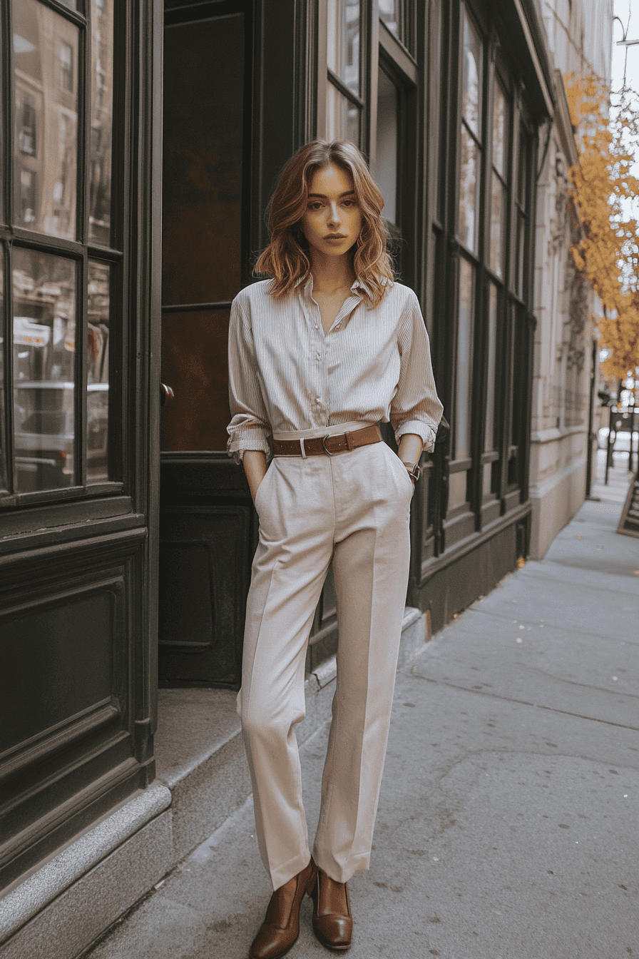 Stylish woman in beige trousers and striped shirt on city sidewalk, urban fashion autumn scene.
