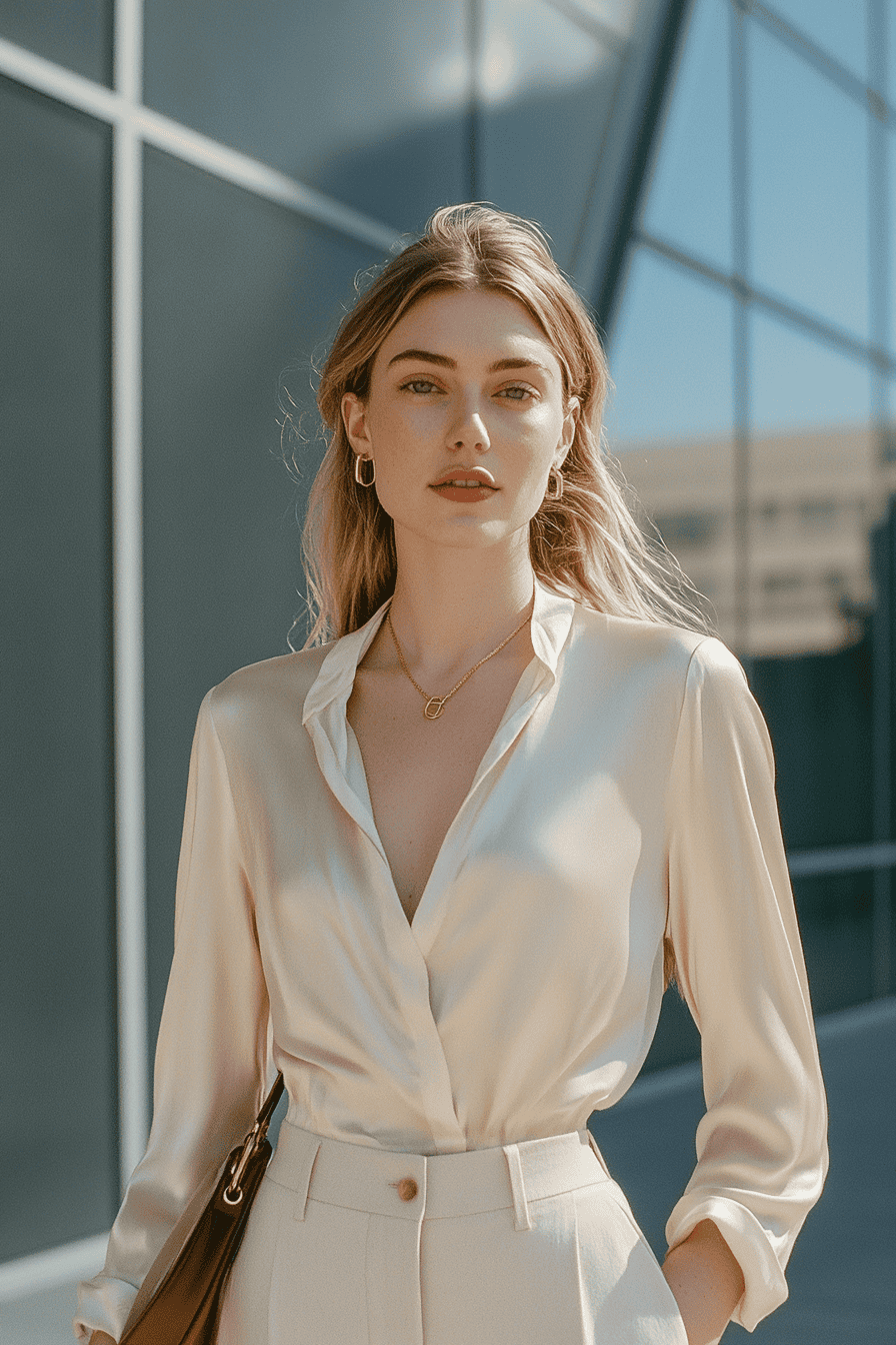 Stylish young woman in satin blouse and cream trousers posing in modern urban setting.