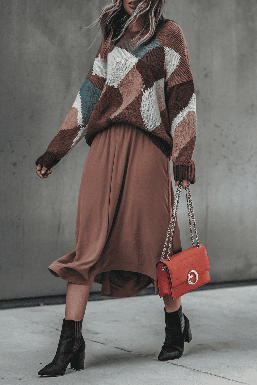 Woman in vibrant sweater and flowing skirt showcases chic urban fashion style.