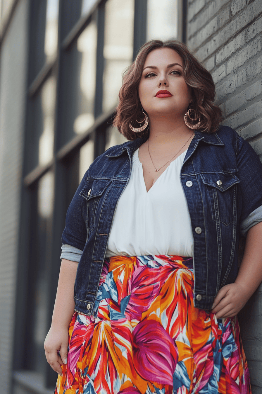 Stylish woman in denim jacket and floral skirt posing by urban window with brick wall background.