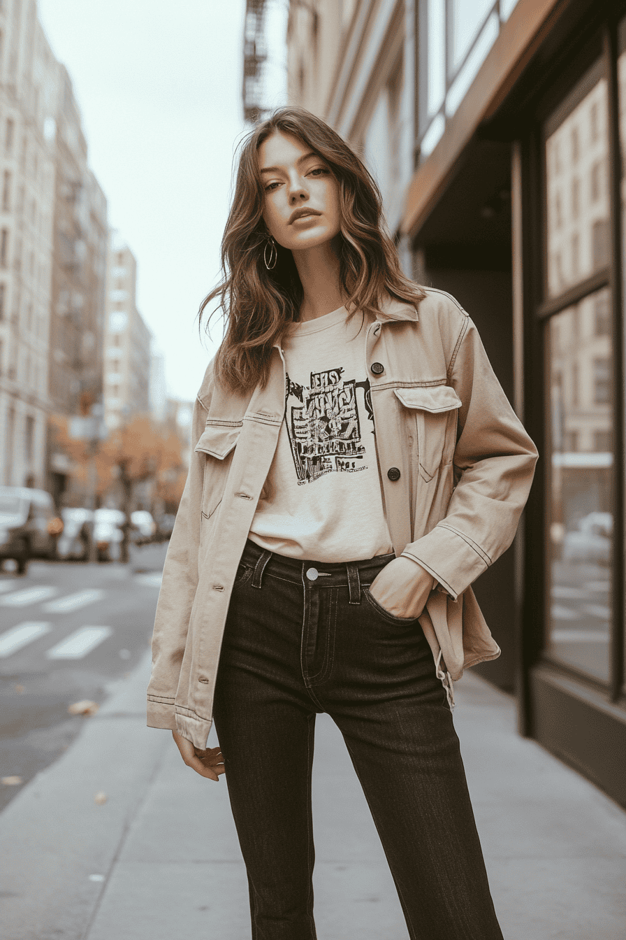 Trendy young woman in casual street style outfit posing on a vibrant city sidewalk in autumn.