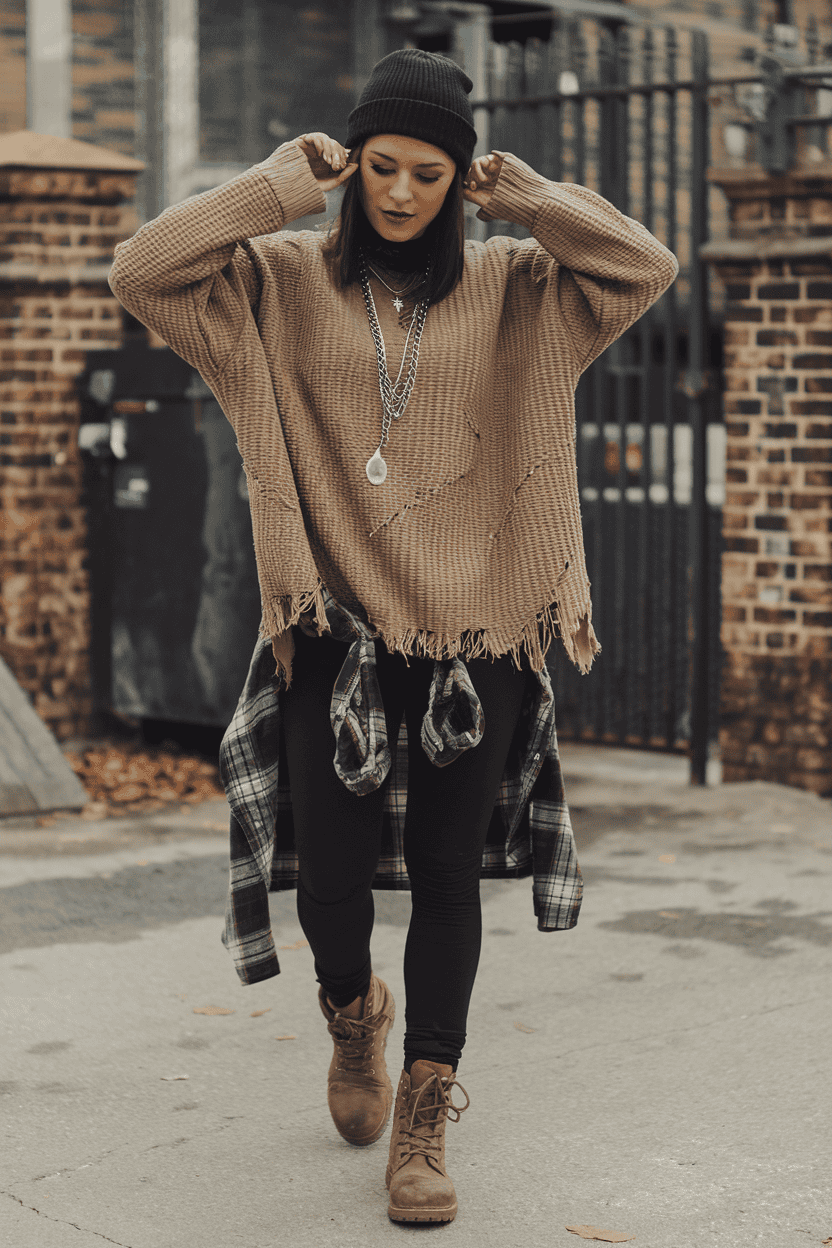 Stylish young woman in oversized sweater and leggings showcasing urban fashion on city street.