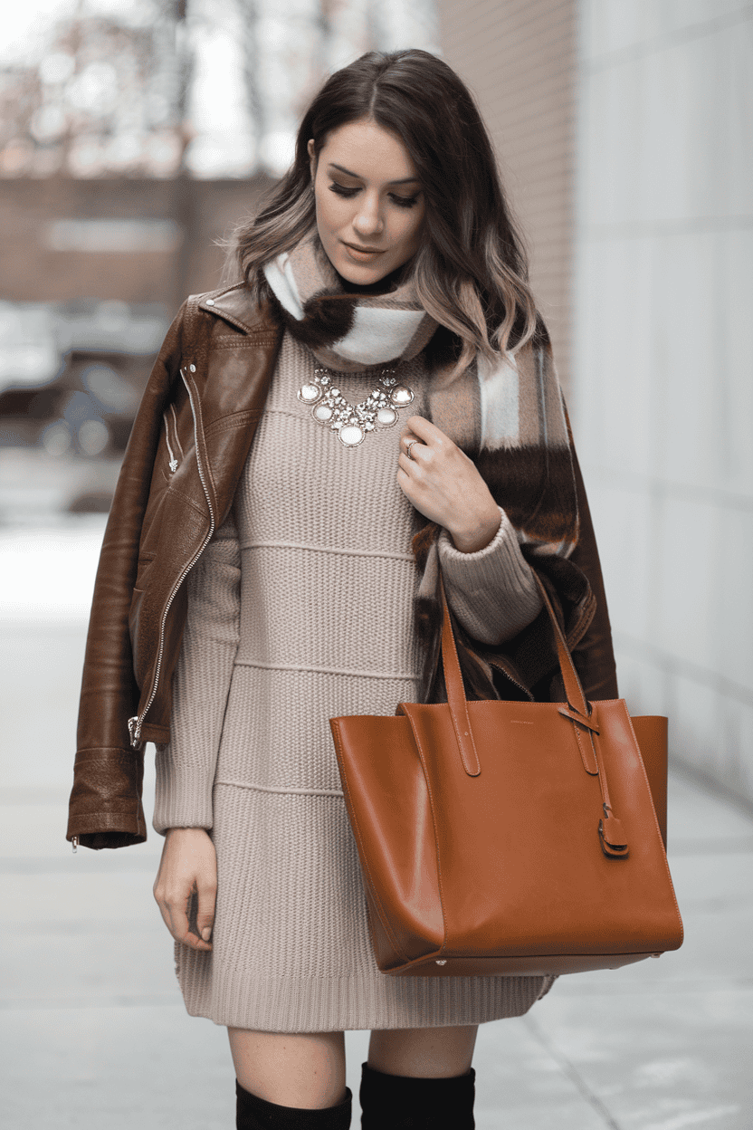 Stylish woman in urban fashion, wearing a sweater dress and leather jacket for chilly weather.