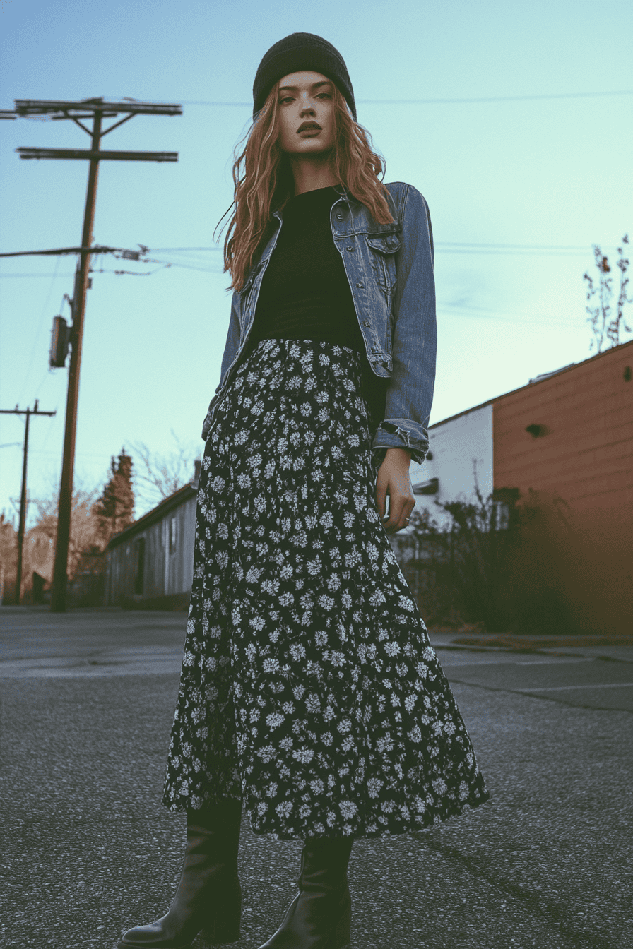 Young woman in floral skirt and denim jacket on city street, boho street style fashion.